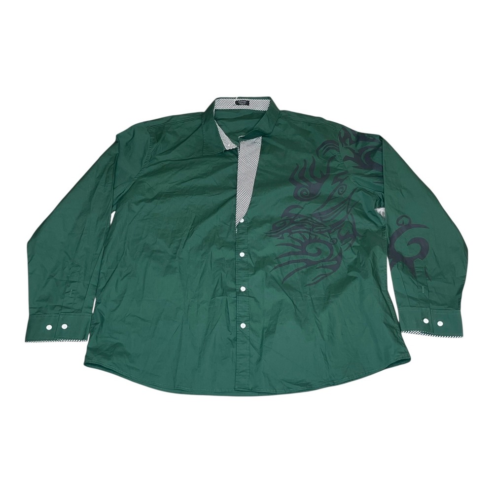 NEW Coofandy Mens‎ 3XL Green Tribal Dragon Graphic Button Shirt Long Sleeve